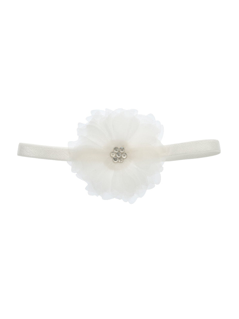 White headband with fluffy flower and pearl center on a white background