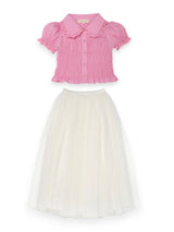 White Classic Skirt & Pink Brigitte Blouse Two Piece Set | Value $230